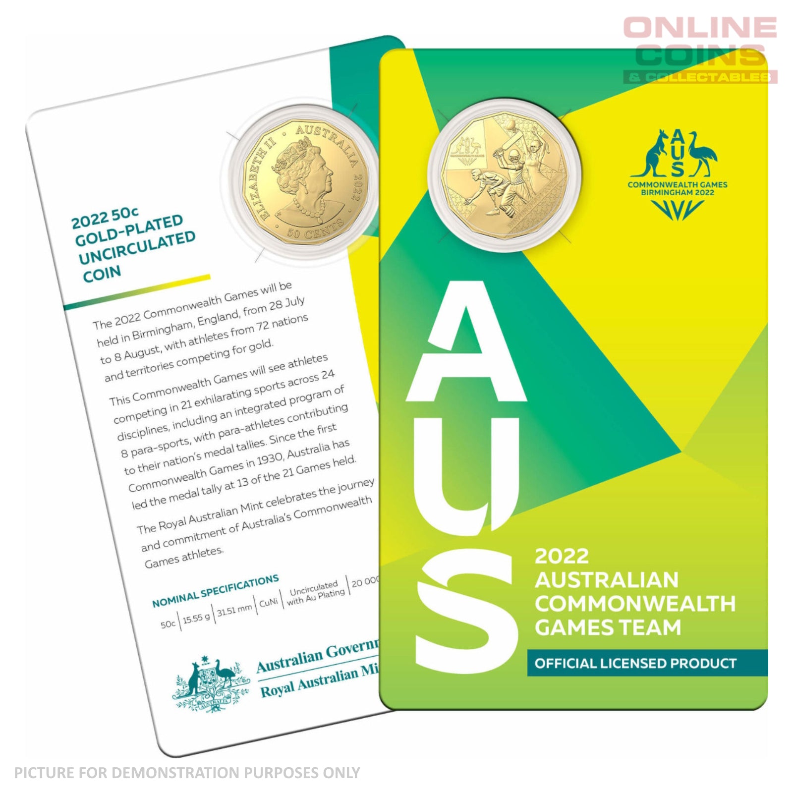 2022 50c CuNi Gold Plated Uncirculated Carded Coin - 2022 Commonwealth Games